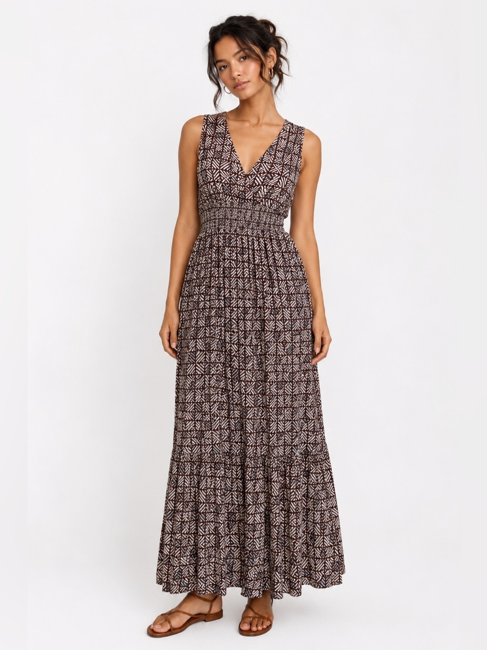 Sincerly Jules Brown and Cream Geometric Smocked Maxi Dress